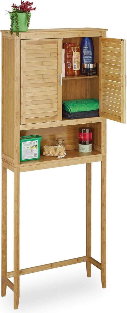 Bamboe wasmachine ombouwkast met lade en deuren - ideaal voor badkamer en toilet — afbeelding 1