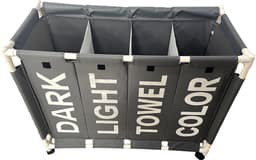 Lowander wasmand met deksel 120 liter - Wassorteerder met 4 vakken - Op wieltjes - Dark Light Towel Color - Wasverzamelaar met zwenkwielen - Grijs / Wit — thumbnail 2