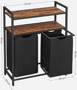 Wasmand 2 vakken – wassorteerder - uitschuifbaar met 2 planken - 73 x 33 x 91 cm – wasmand met uitneembare zakken en klittenband sluiting - 76L verdeeld over 2 zakken – wasmanden – wasmand zwart metaal - bruin hout — thumbnail 2