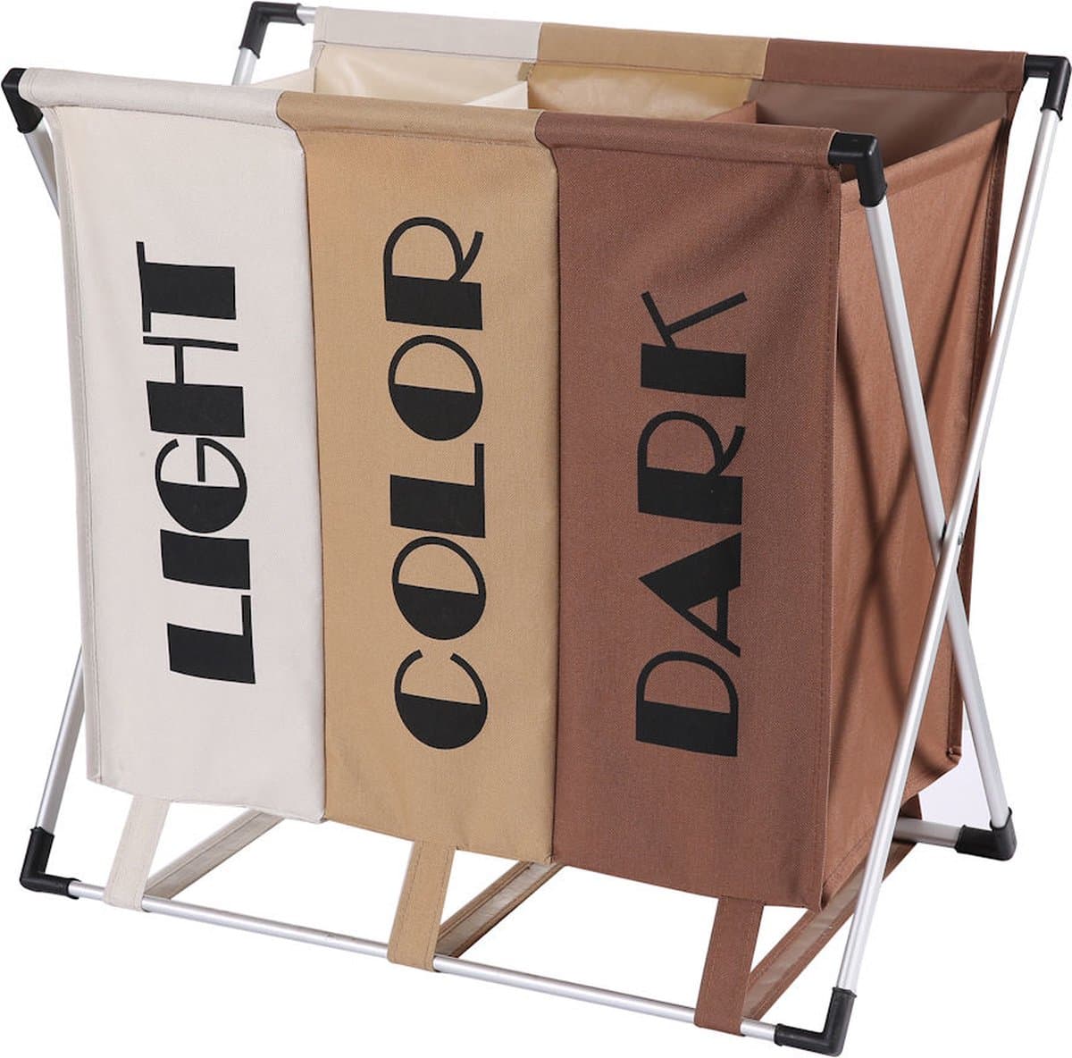 Wassorteerder - 90L - Wasmand 3 Vakken - Opvouwbare Wasmanden - Wassorteerder 3 vaks - Alu Frame - Wit - Beige - Bruin — afbeelding 1