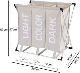 Wassorteerder - 90L - Wasmand 3 Vakken - Opvouwbare Wasmanden - Organizer - Wassorteerder 3 vaks - Alu Frame - Beige — thumbnail 4