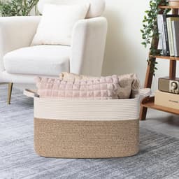 Opbergmand voor babyspeelgoed, vierkante laundry baskets, wasmand voor kinderkamer, groot, gevlochten mand voor dekens, hoofdkussens, gastendoekmand, 65 l, wit en bruin — thumbnail 2