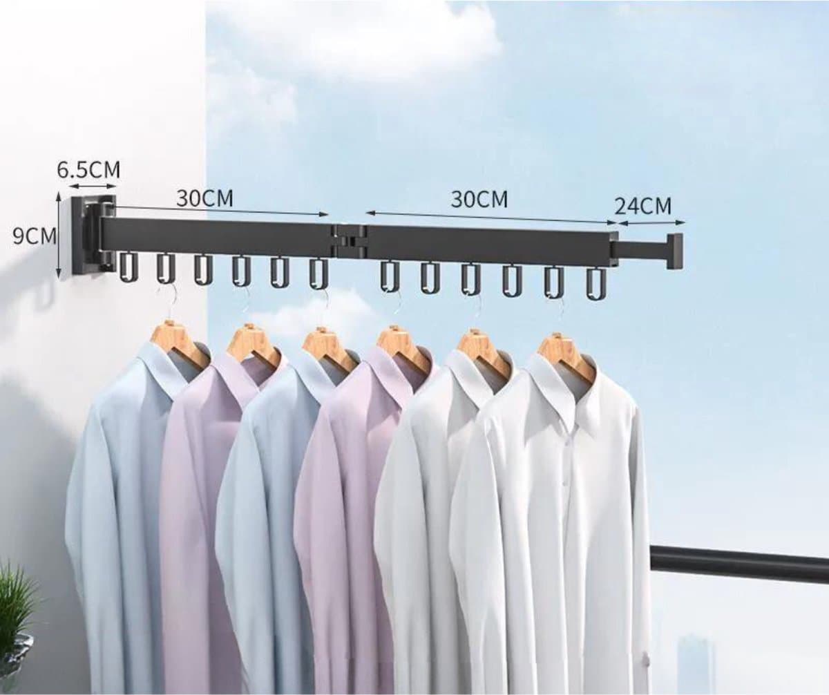 Wanddroogrek Inklapbaar 12 Haken - Droogrek Muur Wandmontage Ophangbaar - Clothes Rack Uitschuifbaar + Montage Kit - Zwart — afbeelding 1