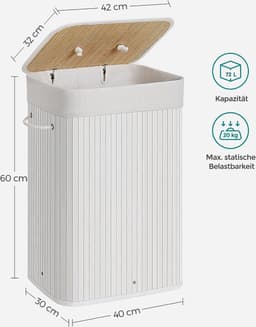 SONGMICS Wasmand met deksel (LCB010W01), 72 l, wasmand van bamboe, opvouwbaar, met afneembare wasbare zak, handgrepen, voor bijkeuken, slaapkamer, wit, 40 x 30 x 60 cm (L x B x H) — thumbnail 2