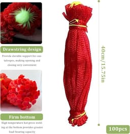 Groentezakken - Opbergnetten - Fruit Opslag - Met Trekkoord - 100 stuks - Rood — thumbnail 3
