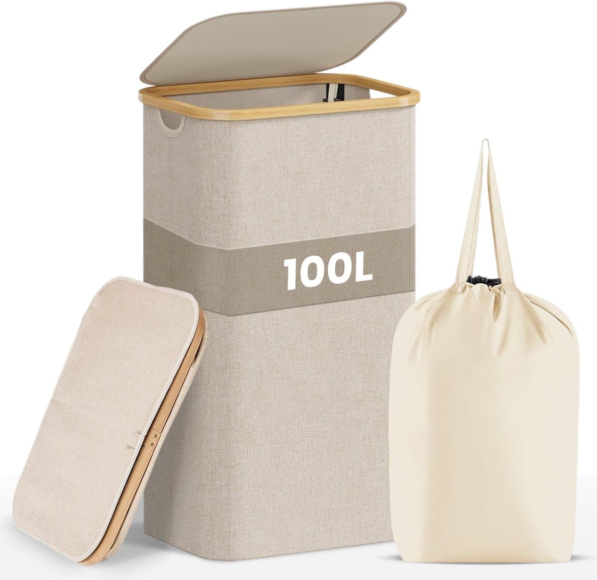 Nolad - Wasmand - Wasmand met deksel - Uitneembare waszak - Opvouwbaar - 100L - Beige — afbeelding 1