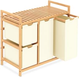 REN® Wasmand 3 Vakken - Wasmand - Wassorteerder - Wasmand Met Deksel - Beige - 42cm x 81cm x 77cm — thumbnail 1