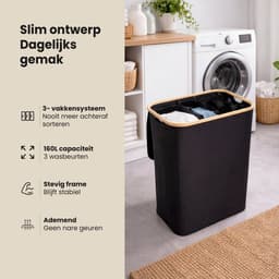 Wasmand 3 vakken - 160L - Zwart - Wassorteerder - 3 Uitneembare Waszakken - Wasmand 3 Vakken Met Deksel - Wassorteerder 3 Vakken — thumbnail 2