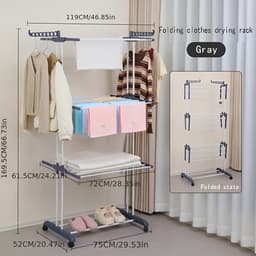 4-laagse Droogkledingrek, 6 opvouwbare vleugels en 2 draaibare armen, stevig frame, geschikt voor binnen/buiten gebruik, draagbare kledinghanger, voor appartementen, slaapkamers, balkons, grijs. — thumbnail 5