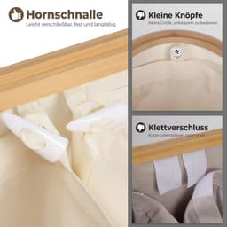 Wasmand met deksel - Wasbox sorter - Kleding opbergen - Drie uitneembare vakken - 158 liter - Beige — thumbnail 2