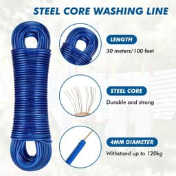 Dailygoods- Waslijn 30 Meter - Zware Kledinglijn met Stalen Kern - Roestvrij en Waterdicht - Sterke Draad 4 mm - Duurzaam en Geschikt voor Buiten — thumbnail 2