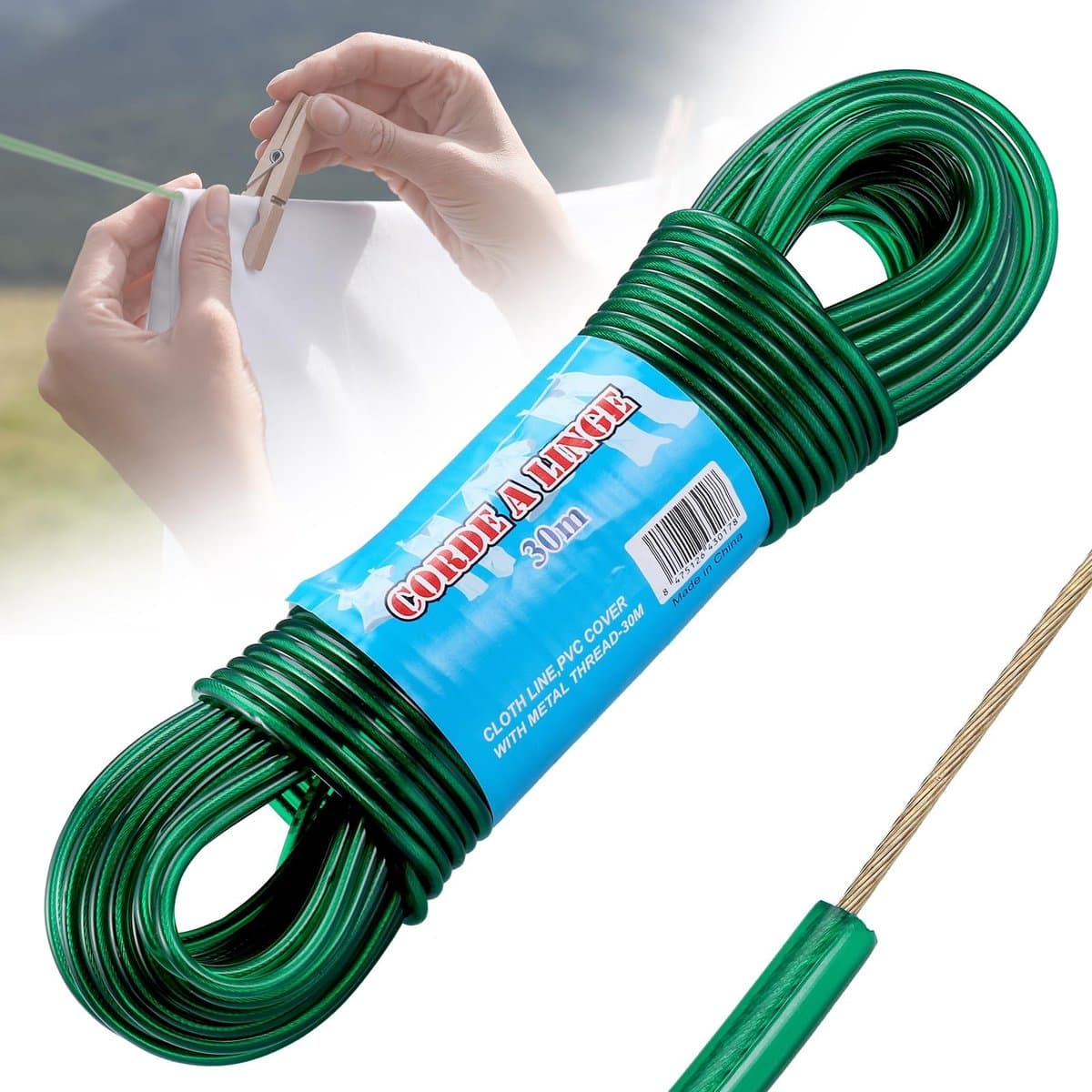 Dailygoods - Waslijn voor Buiten - Zware Toepassingen - 30 Meter - Groen - Roestvrij en Waterdicht - Tot 120 Kg Belastbaar - Ideaal voor Balkon en Tui — afbeelding 1