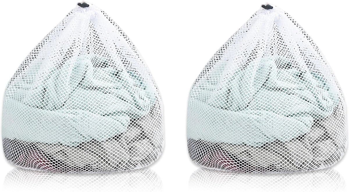 Set van 2 waszakken van mesh – machinewasbaar – met trekkoord – reiswaszakken van mesh – witte waszakken met trekkoord – geschikt voor het opbergen van kleding thuis, op de studentenkamer, in hotels en op reis – afmetingen: 30 x 40 cm — afbeelding 1
