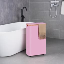 Vouwbare wasmand met wielen, 75L, roze slim ontwerp met deksel, bamboe handvatten en afneembare zak voor slaapkamer, badkamer en wasruimte — thumbnail 2