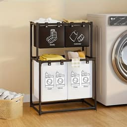Dubbellaagse opvouwbare wasmand met 4 vakken wassorteerder met wielen zwart organizer — thumbnail 1