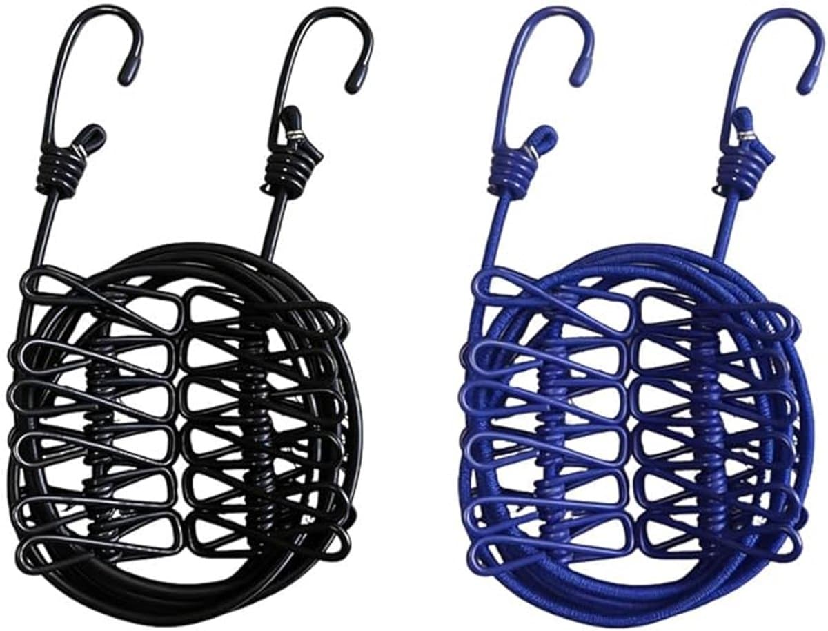 2 Stuks Elastische Waslijn, Reiswaslijn, Draagbare Waslijn, met 12 Metalen Knijpers Elk, voor Kledinghaken Kamperen Binnen en Buiten (Zwart, Donkerblauw) — afbeelding 1