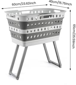 Opvouwbare Wasmand met Wielen en Poten – Grote Capaciteit Wasbox Inklapbaar met Rem & Handgrepen – Grijs — thumbnail 3