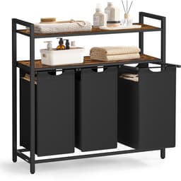 Wasmand met 3 vakken wasrek voor vuile was 92.5 x 33 x 92 cm bruin + zwart met 3 uitneembare en afneembare 40L binnenzakken en 2-laags opbergplanken stevig en duurzaam metalen frame eenvoudig te monteren en te reinigen geschikt voor badkamer — thumbnail 5