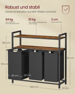 Jensaro Wasmand 3 Waszakken - Wasorganizer - 2 Planken 3 Vakken - 3x40 Liter - 92.5x92x33 cm - Bruin Zwart - Was sorteerder — thumbnail 5