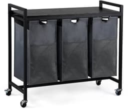 CALIYO Wasmand 3 Vakken - Wassorteerder - Uitschuifbaar - Eenvoudige Montage - 84 x 33 x 75 cm - 117L Capaciteit - 3 Zakken - Bruin Hout - Zwart Metaal - Wasmanden - Wasbox — thumbnail 1