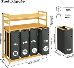 Premium wasmand 200 liter met 4 vakken en bamboe design - Stijlvolle wassorteerder voor elke ruimte — thumbnail 3