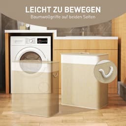 DESMIU Wasmand – 100 Liter – Met Deksel En 2 Vakken – Bamboe – Wit – Uitneembare Waszak Met Zijgrepen Voor Wasgoed Sorteren — thumbnail 2