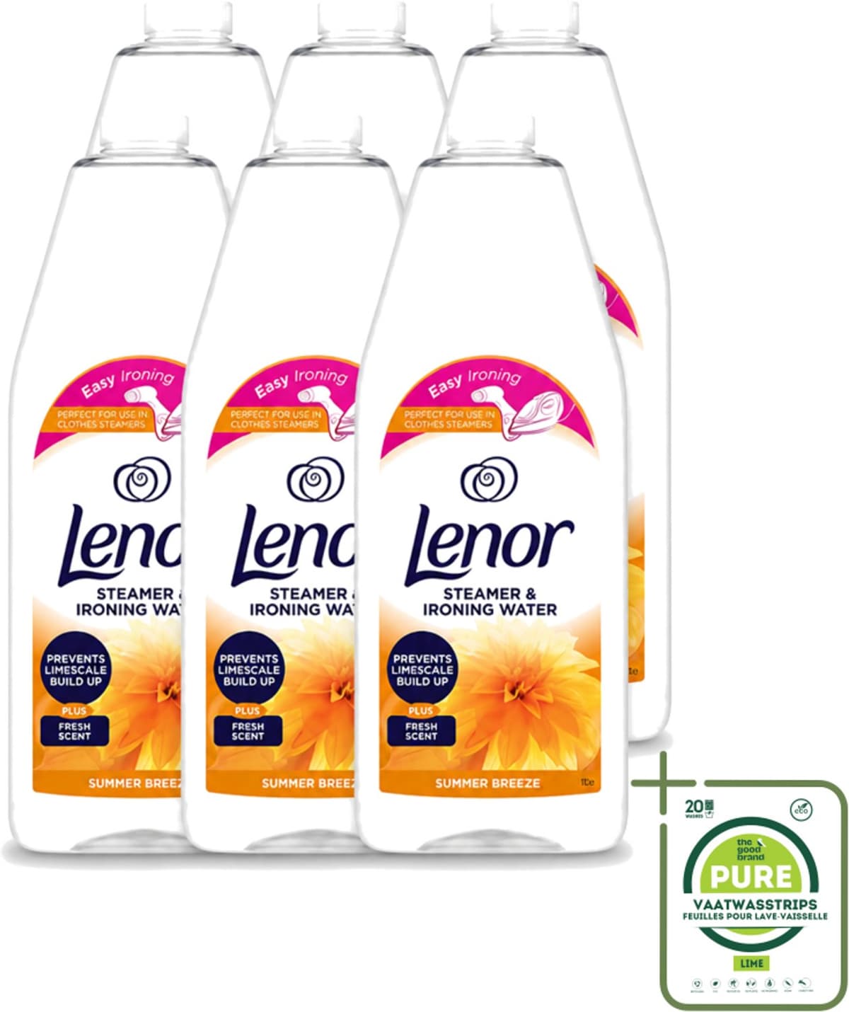 6 x Lenor - Strijkwater - Summer Breeze - Textielverfrisser - 1000 ml - Grootverpakking - Vaatwasstrips - Strijkwater - Zomerse Geur - Textielverfrisser - Wasgoed - Kledingverfrisser — afbeelding 1