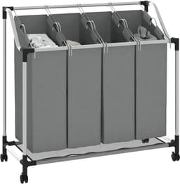 Wasmand met wieltjes, 4 vakken, grijs, afneembare waszakken, stalen frame met kunststof coating, zwenkwielen met remmen, verhoogd ontwerp voor luchtcirculatie, — thumbnail 4