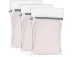 3x Mesh Waszakken 30x40cm, Wasnet voor Wasmachine, Waszak met Rits, Wit met Roze Accenten, Ideaal voor Delicate Kleding en Ondergoed