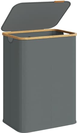 Klarven® Wasmand Bamboe Leigrijs - Wasmand met Deksel - Wasmand 2 Vakken - Wasmand Opvouwbaar - Laundry Basket - Waterafstotende Stof, 140 Liter Inhoud — thumbnail 1