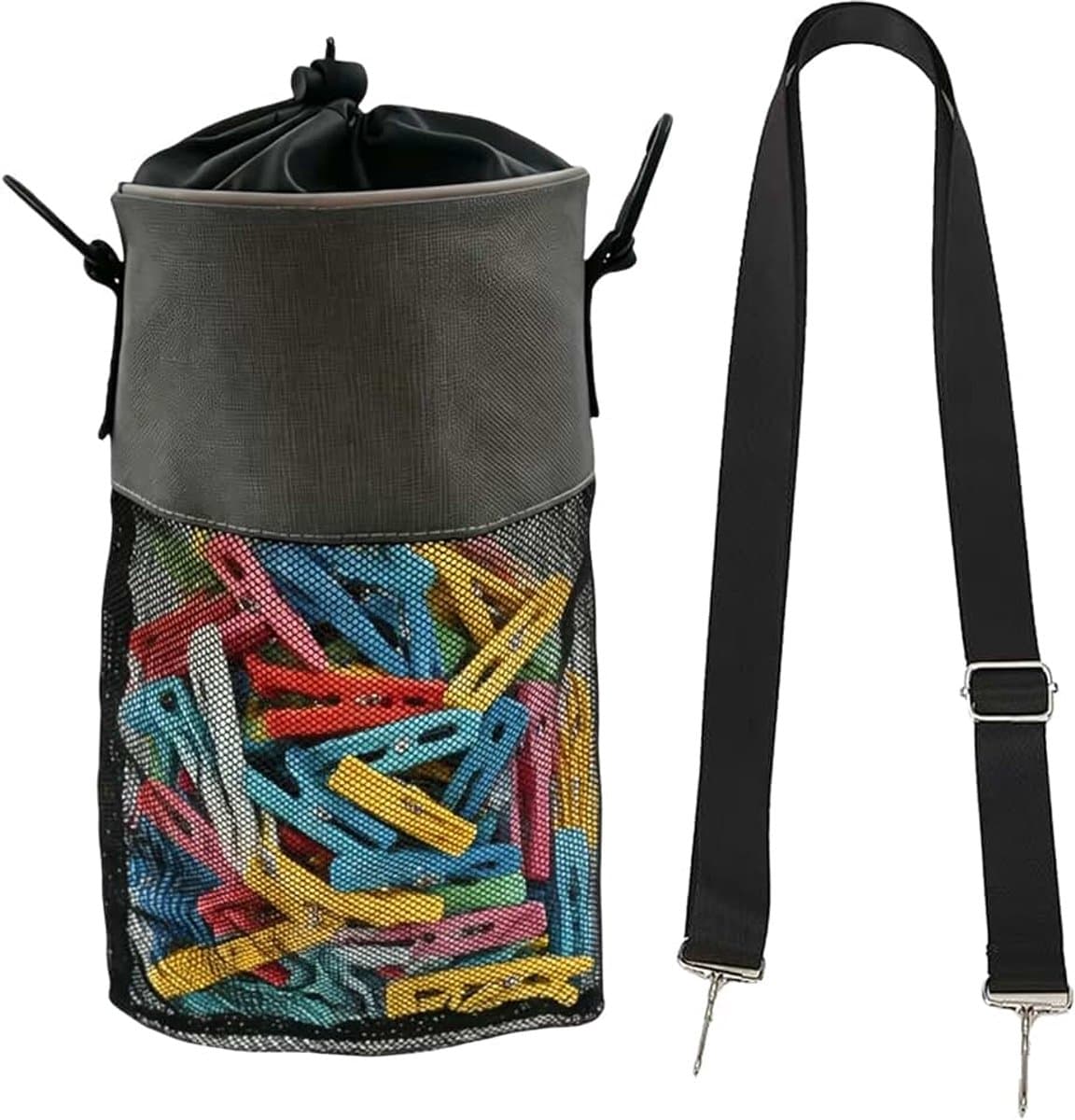 Bag voor waslijn met hanger, zwarte mesh peg tas met sluitkoord en schouderriem voor wasknijpers, indoor outdoor haringen organisator opslag gebruik — afbeelding 1