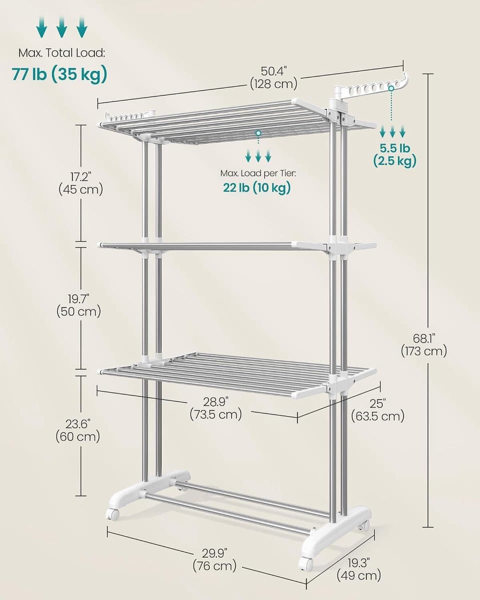 Droogrek 4-Laags met Wielen – Inklapbaar Wasrek met Zijvleugels – Verrijdbare Droogtoren – 49 x 128 x 173 cm – Tot 35 kg – Zilvergrijs/Wit — afbeelding 1