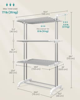 Droogrek 4-Laags met Wielen – Inklapbaar Wasrek met Zijvleugels – Verrijdbare Droogtoren – 49 x 128 x 173 cm – Tot 35 kg – Zilvergrijs/Wit — thumbnail 1