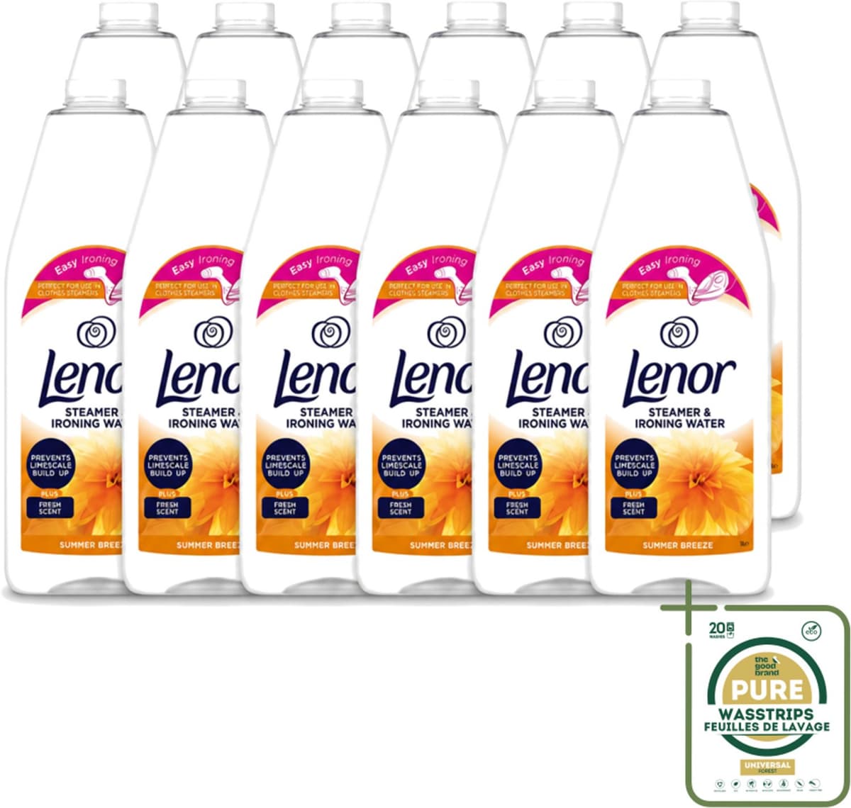 12 x Lenor - Strijkwater - Summer Breeze - Textielverfrisser - 1000 ml - Wasstrips - Strijkwater Summer Breeze - Textielverfrisser - Zomerse Geur - Frisheid - Kledingverfrisser — afbeelding 1