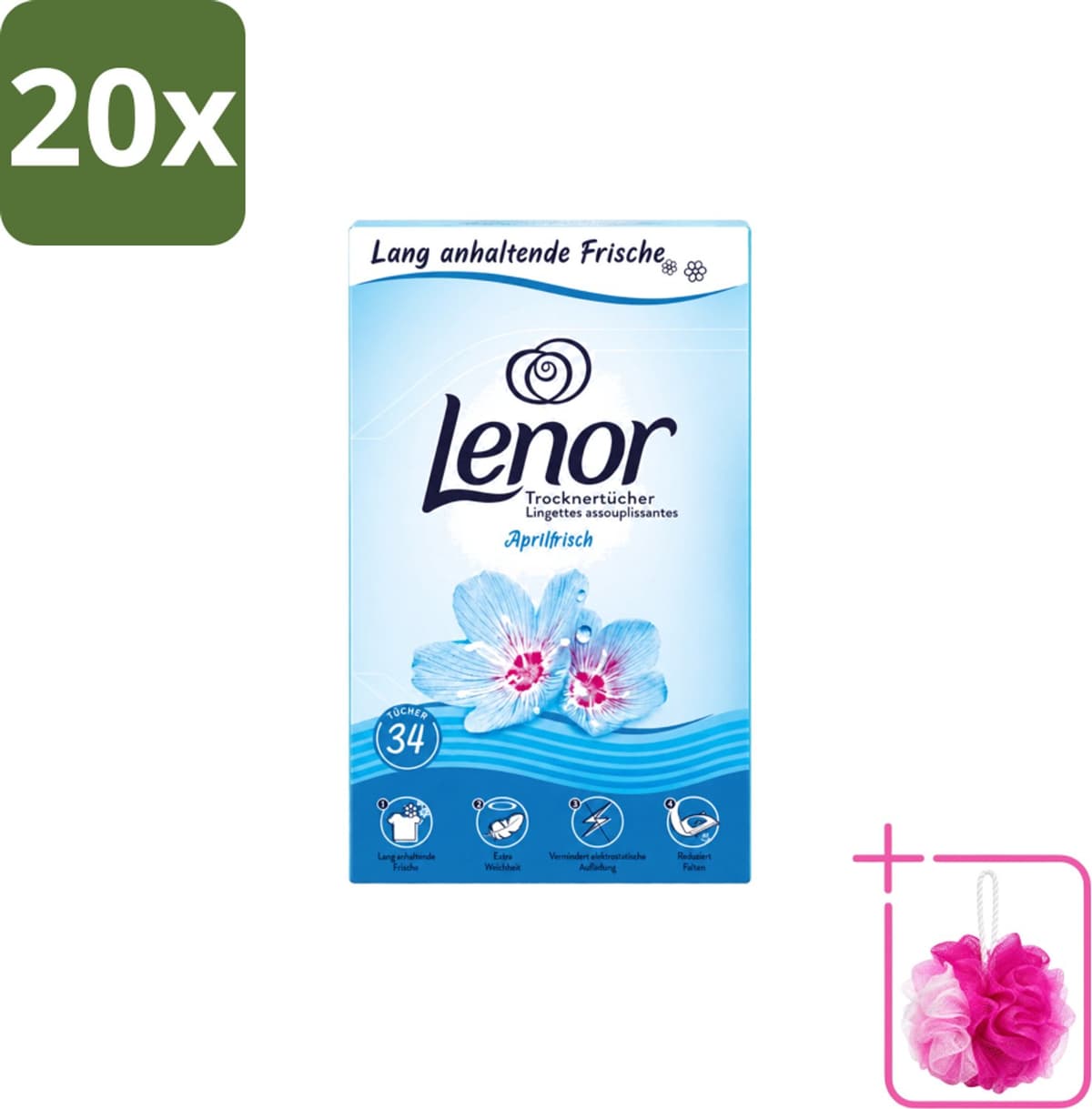20 x Lenor - Droogtrommeldoekjes - Aprilfris - Textielverfrisser - 34 Doekjes - Bulkverpakking - Droogtrommeldoekjes - Douchemop - Frisheid — afbeelding 1
