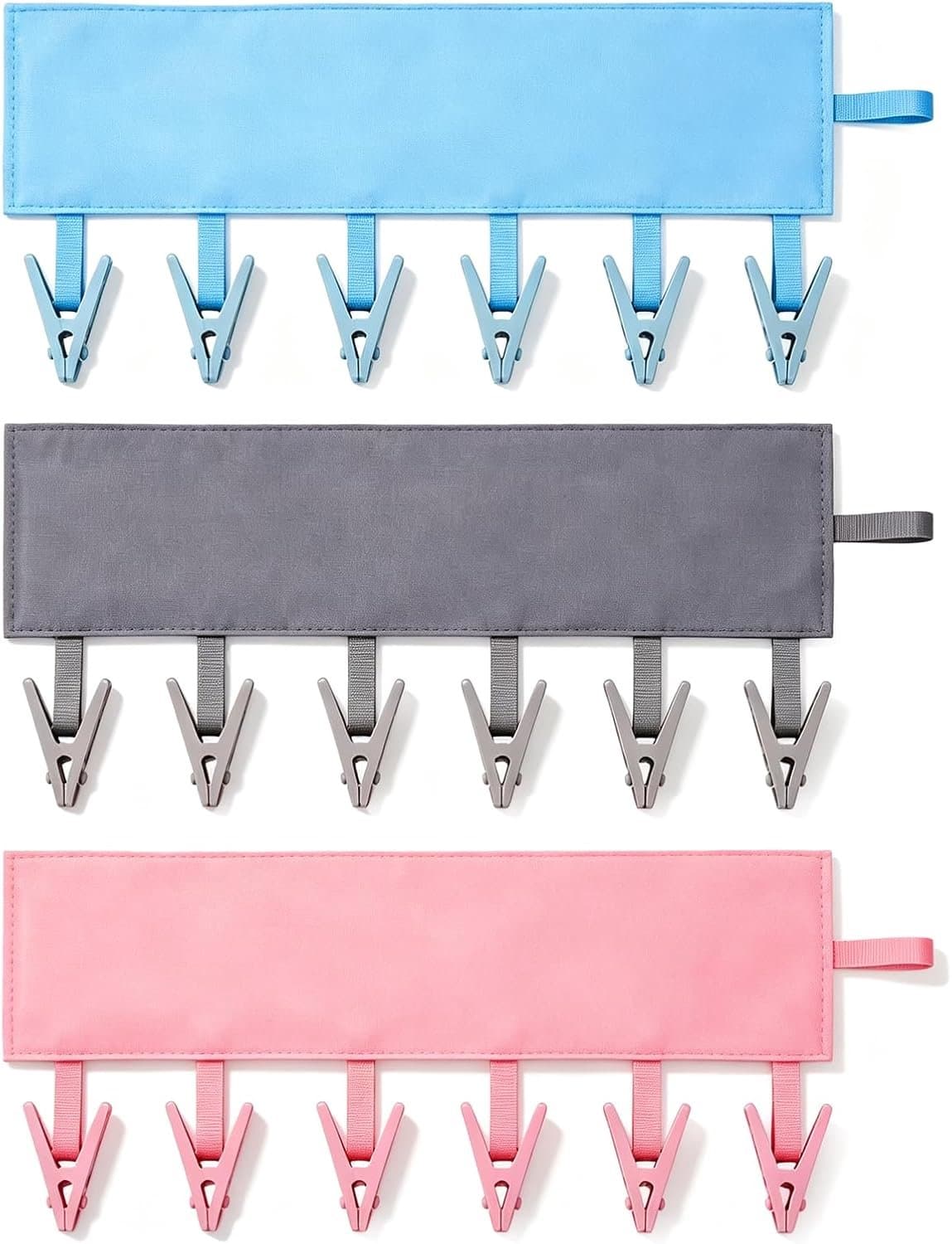 Reiskledinghanger 3 stuks, opvouwbaar wasrek met 6 knijpklemmen per stuk, draagbare waslijn klemhanger voor koffer, badkamer, hotel, camping, voor handdoeken, badkleding, sokken en ondergoed, 33 cm — afbeelding 1
