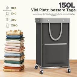 Wasmand met wieltjes, 150 liter, grote wasmand met 2 zakken en handgreep, wasverzamelaar met uitneembare waszak, gestabiliseerde stalen buizen, wasmanden voor bijkeuken, slaapkamer, badkamer — thumbnail 2