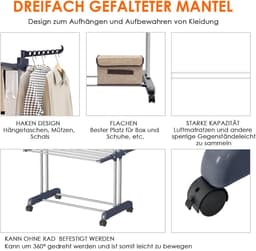 Droogrek-Wasrek Inklapbaar-3 Laags-Ruimtebesparend Wasrek-35KG Draagkracht-Voor Kleding en Handdoeken-Balkon Badkamer-Grijs — thumbnail 4