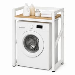 Livista Wasmachinerek - Wasmachine kast - Badkamerrek – Ruimtebesparende Wasmachine Organizer – Stalen Frame – 3 Hoogtestanden – Water-, Kras- en Hittebestendig Werkblad – Antislip Voetjes – 200 kg Draagvermogen - Wit/Hout — thumbnail 1