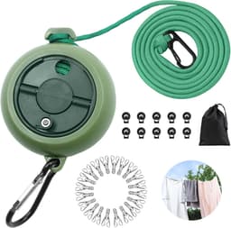 10 m uittrekbaar droogrek met 10 vaste gespen en 20 windbestendige wasknijpers, draagbaar outdoor touw voor dekbed, beddengoed, intrekbare draad voor tuin, balkon, reizen, camping — thumbnail 1