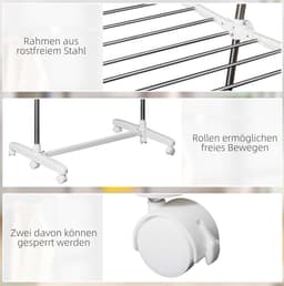 DESMIU Droogtoren – Inklapbaar Met Wielen – 136,5 Bij 55 Bij 154 cm – Kunststof en Roestvrij Staal – Zilver – Voor Binnen en Buiten — thumbnail 5