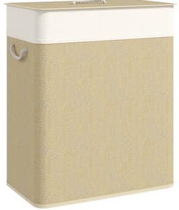 MIVRAY Wasmand Met Deksel – 100 Liter En Twee Vakken – 52 x 32 x 63 cm – Bamboe – Wit – Was Sorteren En Opbergen — thumbnail 5
