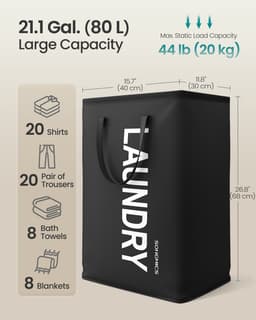 Zwarte Wasbox 40 x 30 x 68 cm met Handgrepen, Grote Wasmand 80 L voor Wasgoed, Opvouwbare Kledingmand van Oxford Stof, Waterafstotende Waszak met Stalen Frame, Draagbare Opbergmand voor Slaapkamer, Badkamer, Wasruimte — thumbnail 2