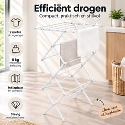 BOTC Droogrek Inklapbaar - Staand Wasrek met 9 Meter Drooglengte - Compact Opvouwbaar Droogrek voor Wasgoed - Metaal - Wit — thumbnail 2