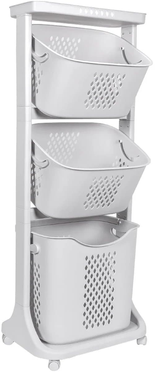 Eleganca Wasmand 3 vakken - Inhoud 82 L - Wassorteerder - Afneembare manden - Wasmand op Wielen - Ruimtebesparend - B44xD33xH109 cm - Kunststof - Gebroken Wit — afbeelding 1