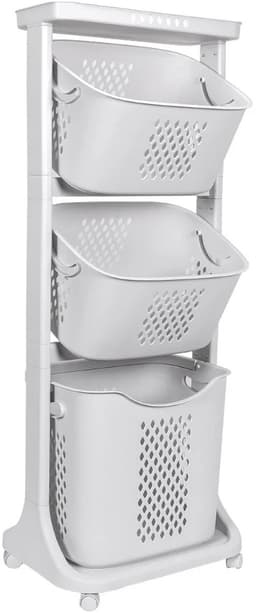 Eleganca Wasmand 3 vakken - Inhoud 82 L - Wassorteerder - Afneembare manden - Wasmand op Wielen - Ruimtebesparend - B44xD33xH109 cm - Kunststof - Gebroken Wit — thumbnail 1