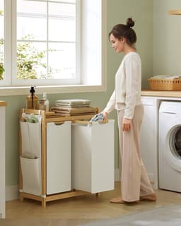 SONGMICS - wasmand 2 compartimenten - totaal 100 liter - wassorteerder - wasmand meubel - bamboe - met plank - 63 x 33 x 78 cm - crèmewit / houtkleurig — thumbnail 3
