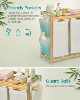 Conway Living® Wasmand 2 vakken – wassorteerder - wasmanden - wasbox - wasmand hout - wasmand - wasmanden bruin - 100 liter - 2 zakken - uitschuifbaar met plank - 63 x 33 x 78 cm — thumbnail 3