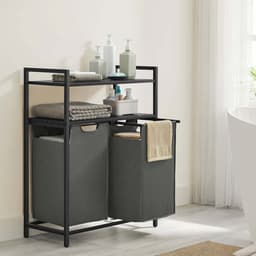 Wasmand, wasbak, wasverdelersysteem met 2 uittrekbare en afneembare zakken en dubbele opbergrek, elke zak met een capaciteit van 46 liter, geschikt voor badkamer of wasruimte, 73 x 33 x 91 cm, zwart — thumbnail 3