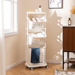 COSTWAY Wasmand met 3 verdiepingen op wieltjes, wasmand met 3 manden en handvat, wasverzamelaar met metalen frame, wassorteerder voor badkamer, waskeuken, wit — thumbnail 4